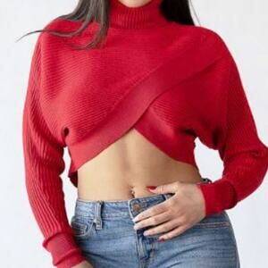 Thinkable Red Criss Cross Red Long Sleeve Turtleneck Sz M NWOT